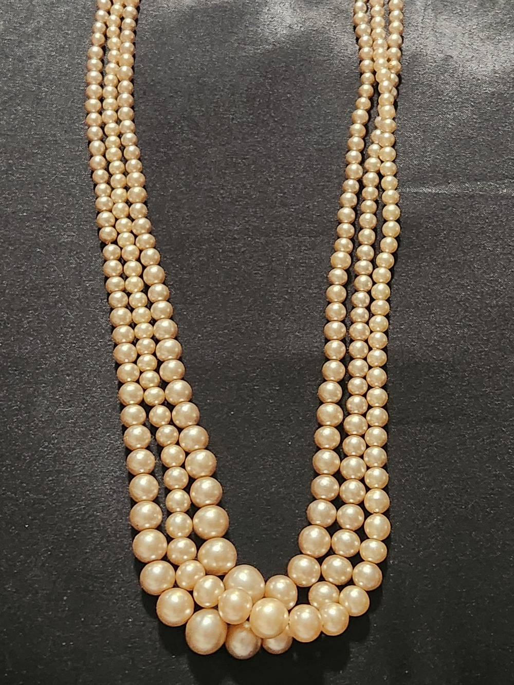 Vintage Triple Strand Graduated Faux Pearl Necklace | Silver Filigree Box Clasp - Picture 5 of 6